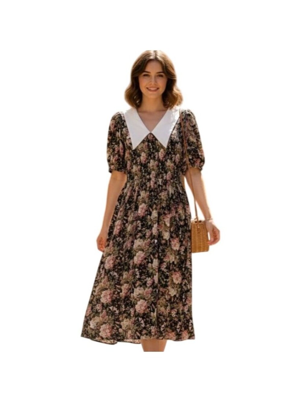 En Saison Dark Floral Collar Smocked Dress Size M Short Sleeve Prairie Cottage
